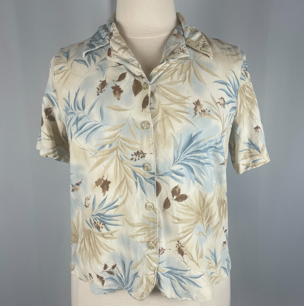 Alfred Dunner Casual Top Plus Size 16W Cream Blue Palm Leaf Cropped Boho Linen
